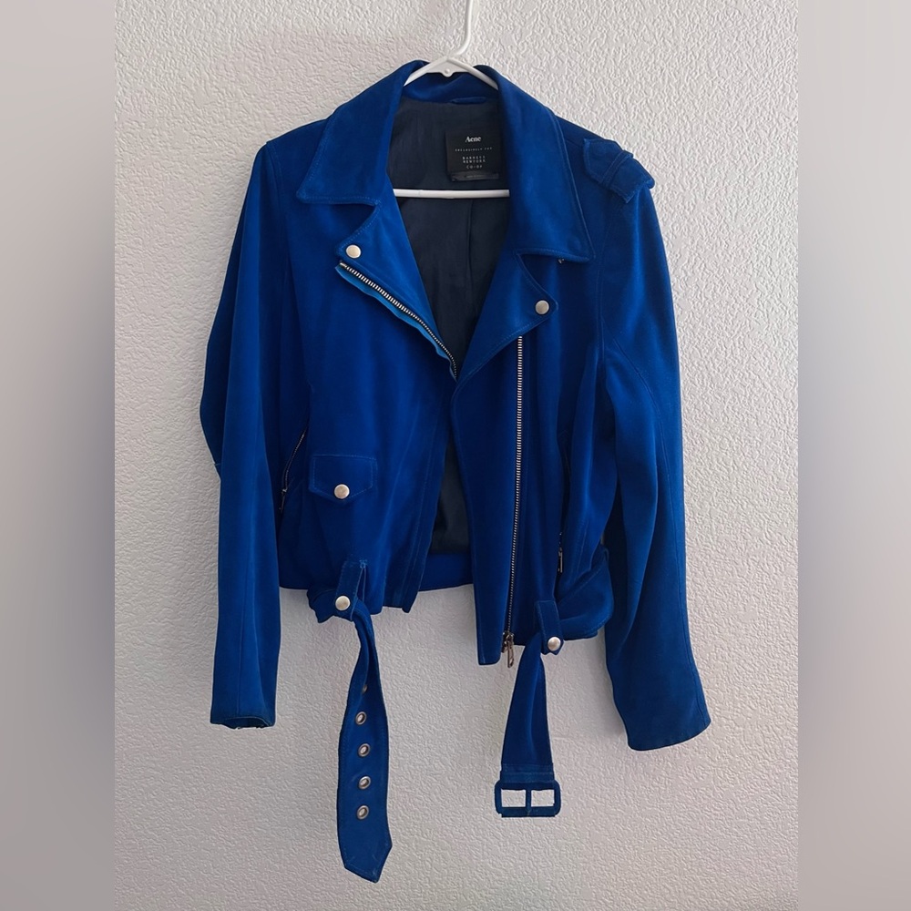 Acne Moto jacket - blue suede, size M